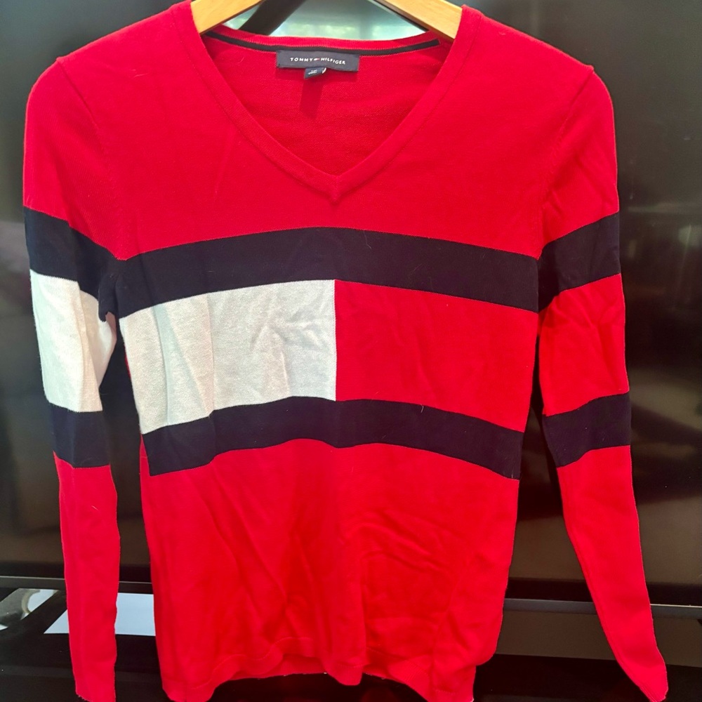 Tommy Hilfiger Red and Black V-Neck Sweater